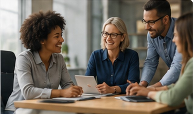 Colleagues discussing work around a table